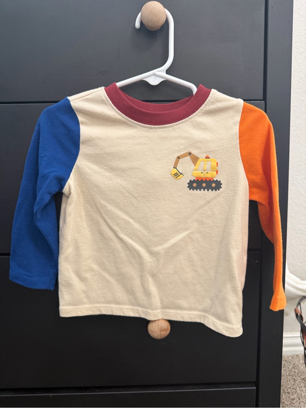 Toddler Beige Long-Sleeve Construction Tee with Blue & Orange Sleeves